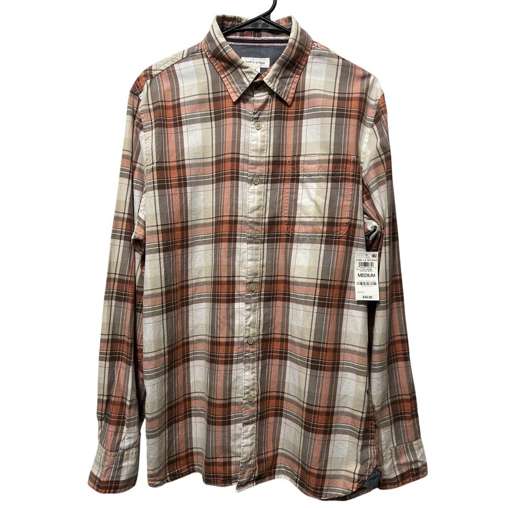 Sun + Stone Men's Rust Brown Cream Plaid Flannel Shirt M NWT